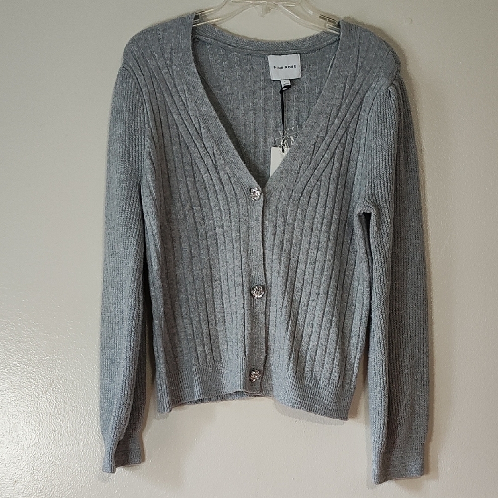 Pink Rose Grey Women's Sweater with Sequin button Up New Size L